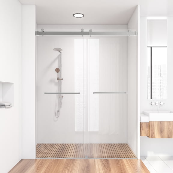 Kaisneo Brushed Nickel 60 in x 76 in, 3/8 inch 10mm Thick SGCC Tempered Glass Frameless Double Sliding Shower Door