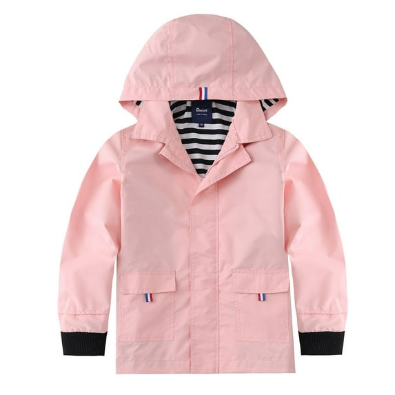 Hiheart Boys Girls Water Resistance Hooded Jackets Unisex Cotton Lined Mid-Length Rain Jackets Pink 6-7 yrs