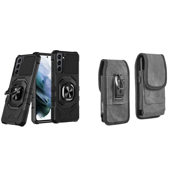Case with Belt Holster Bundle for Samsung Galaxy S22: Heavy Duty Shield Cover (Black) and Vertical Rugged Denim Nylon Phone Pouch