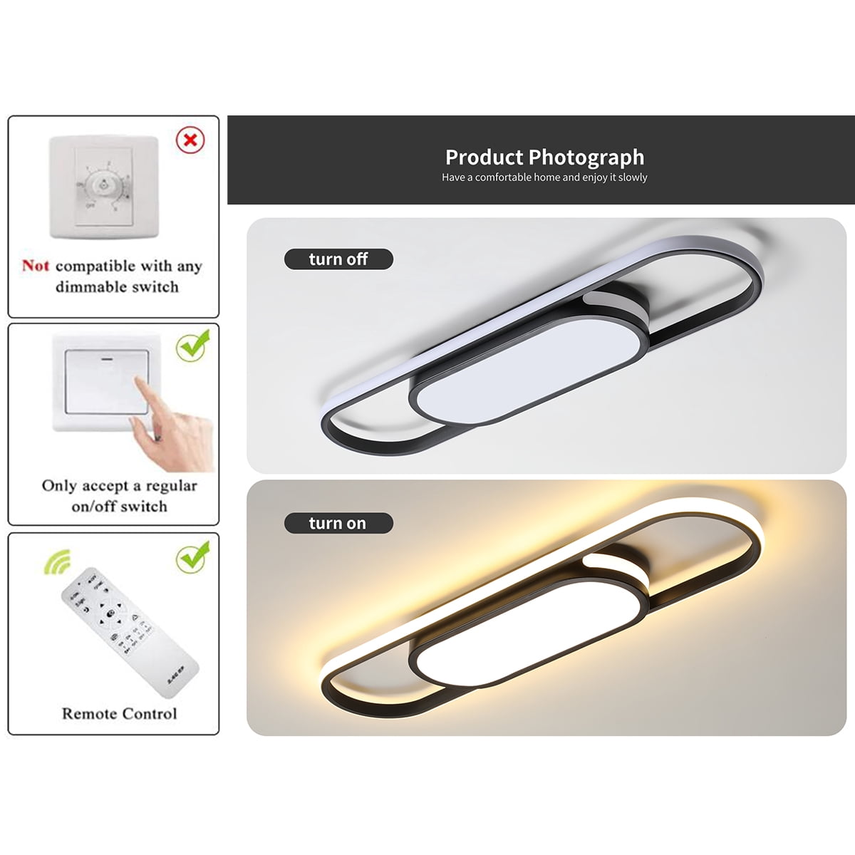 Garwarm Modern 27.5" Black Linear LED Ceiling Light, Dimmable Flush Mount Ceiling Fixture with Remote Control, 3000K-6500K Adjustable Lighting for Living Room, Kitchen, Hallway, Bedroom