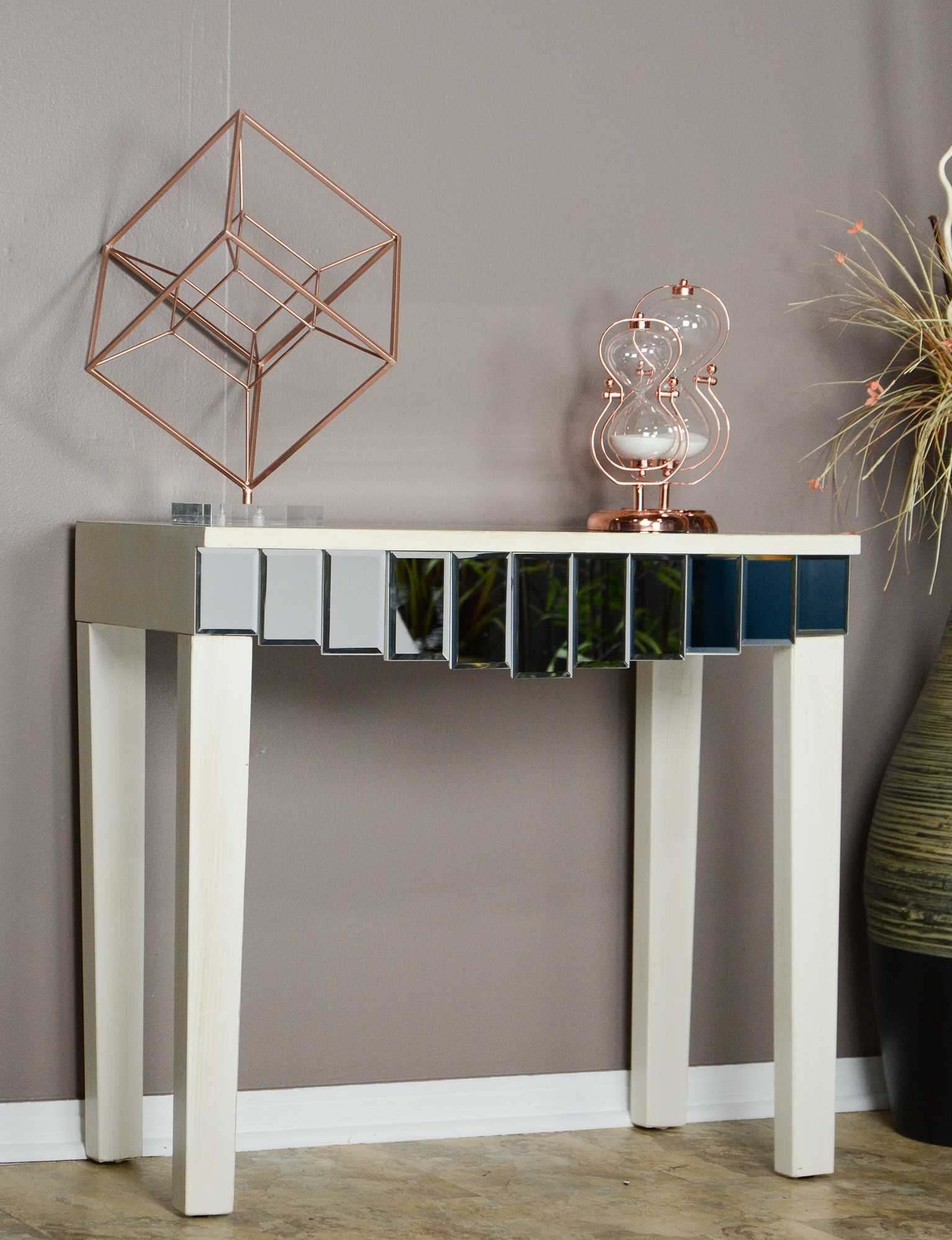 31' Antique White Console Table with a Mirrored Glass Top and a Drawer