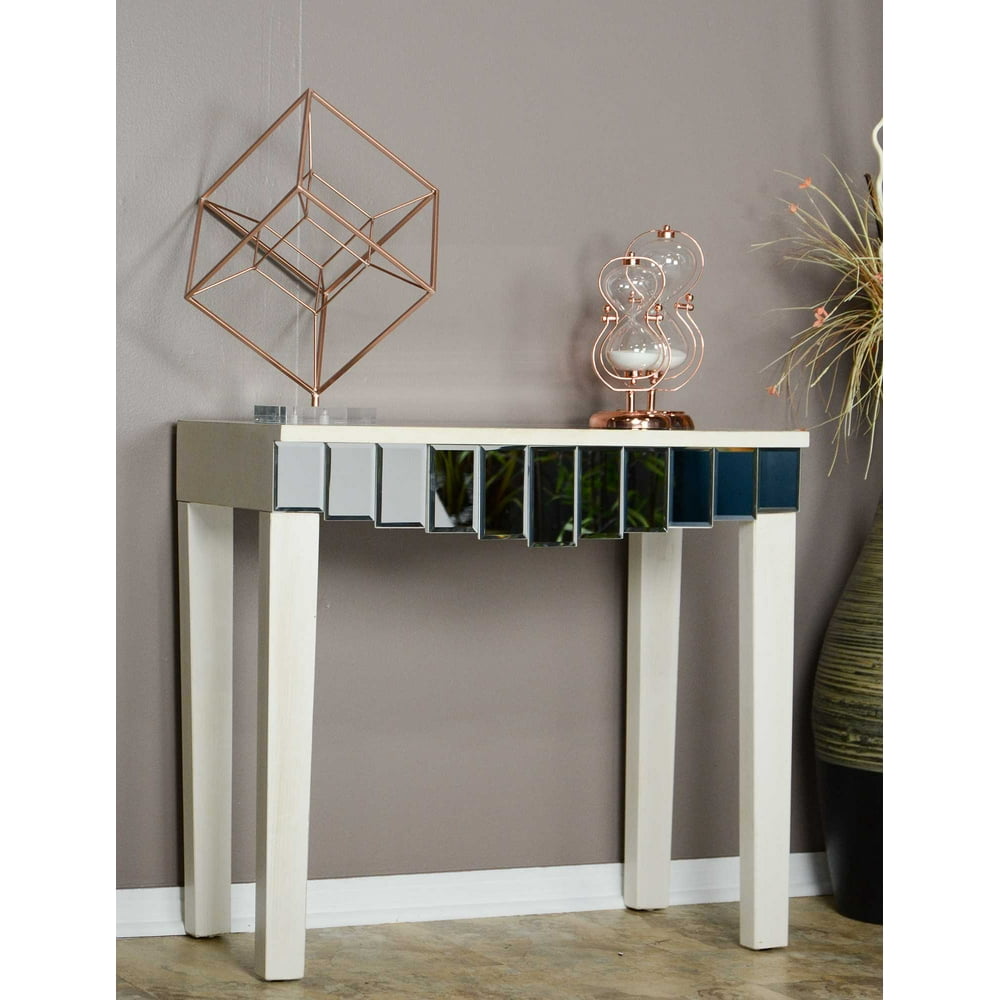 31' Antique White Console Table with a Mirrored Glass Top and a Drawer
