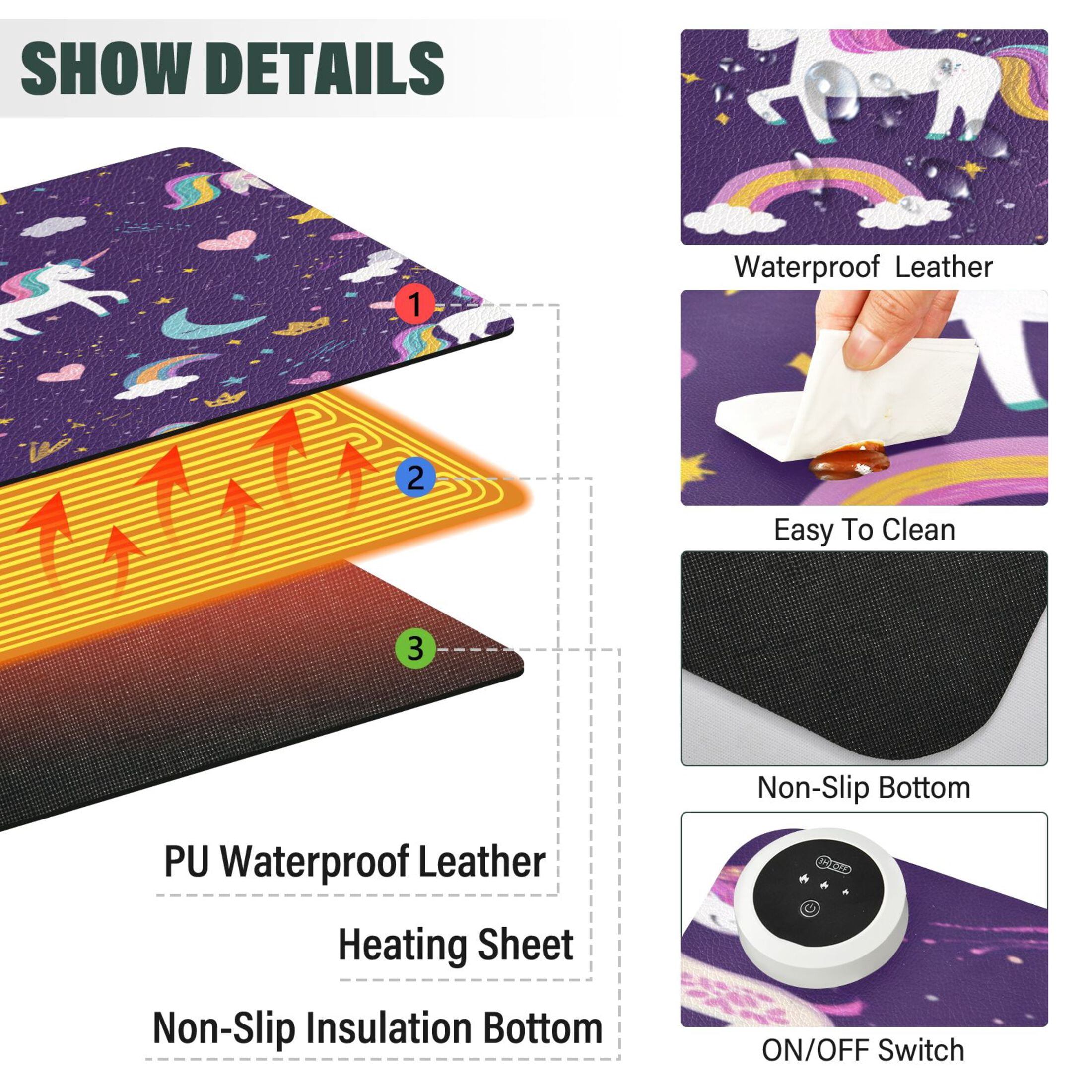 Large Heated Desk Mat Mouse Pad 31.5"x13"PU Leather Graphene Heating Desk Warmer with 3 Temperature Settings 110V US Plug Non-Slip Warm Pad for Home, Office, and Gaming Dark Purple Unicorn Print