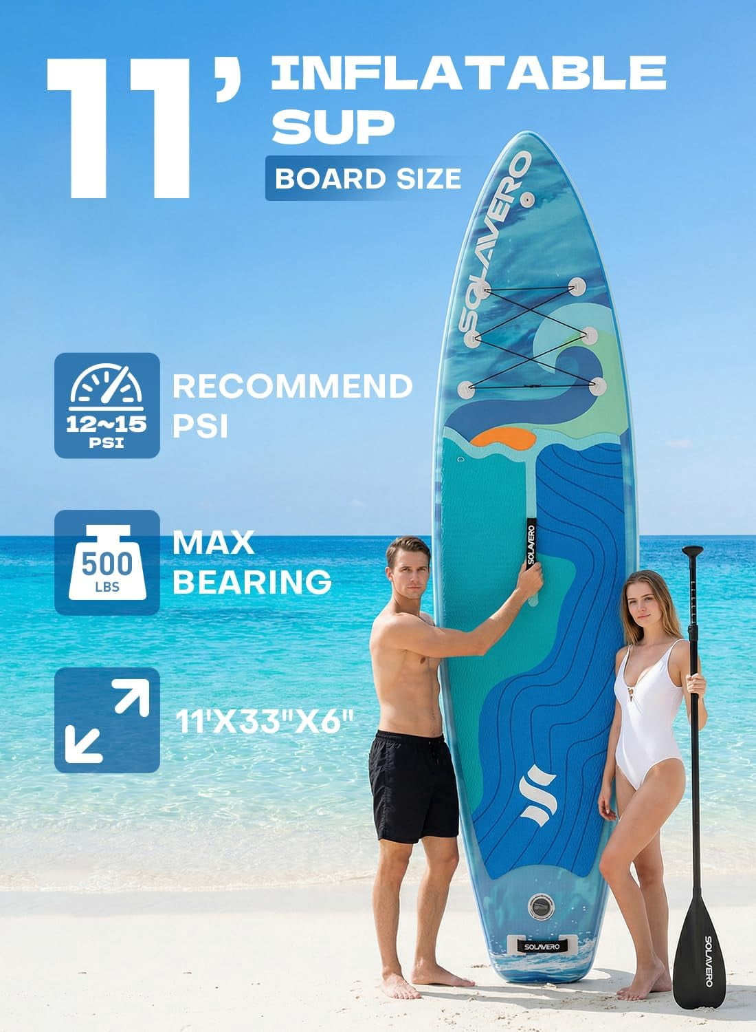 SOLAVERO Inflatable Stand Up Paddle Board with SUP Accessories, Anti-Slip EVA Deck, 11'×33" Blow Up Paddle Board Adults & Youth