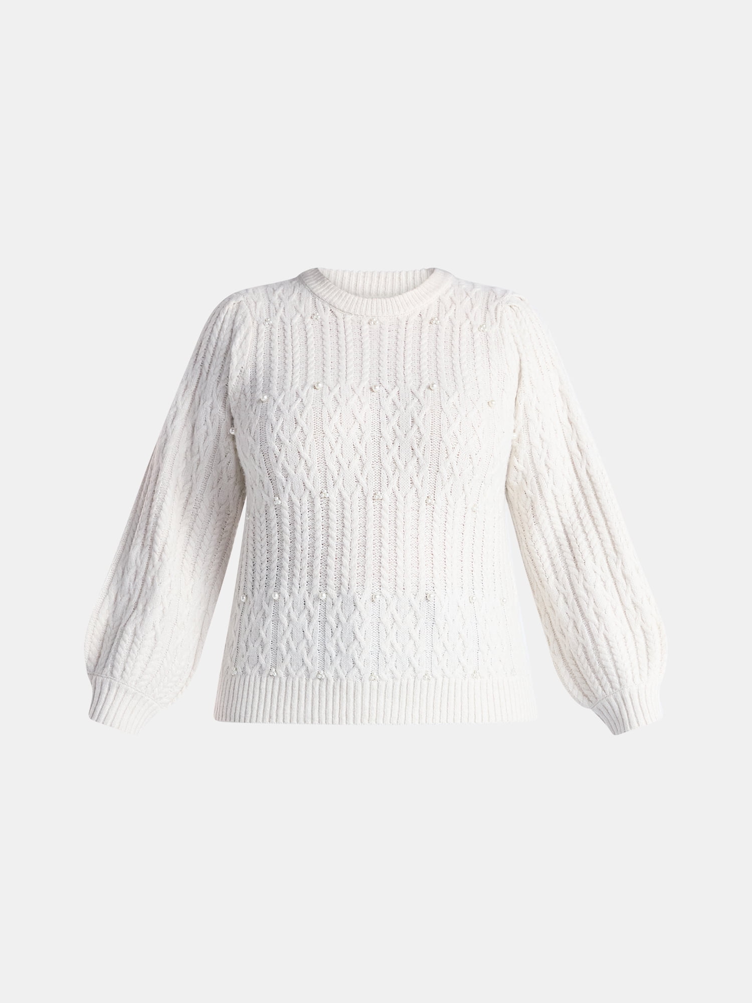 Terra & Sky Women’s Plus Cable Knit Sweater with Faux Pearls, Lightweight, Sizes 0X-5X