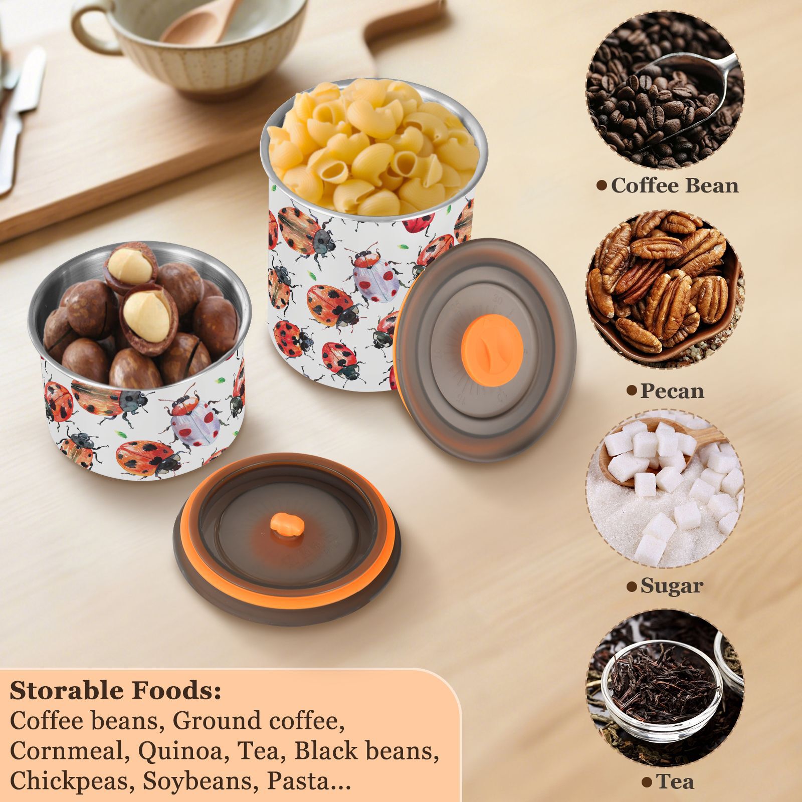 Lady Bug Watercolor Airtight Coffee Bean Canister 30oz Food Storage Containers with Lids For Gournd, Tea, Sugar, Flour, Rice, Cereal, Candy Cookie Jar