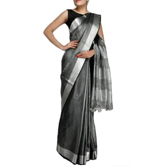 India Meets India Ethnic Indian Women's Bhagalpuri Handloom Beautiful Linen Tissue Saree with Running Black Blouse