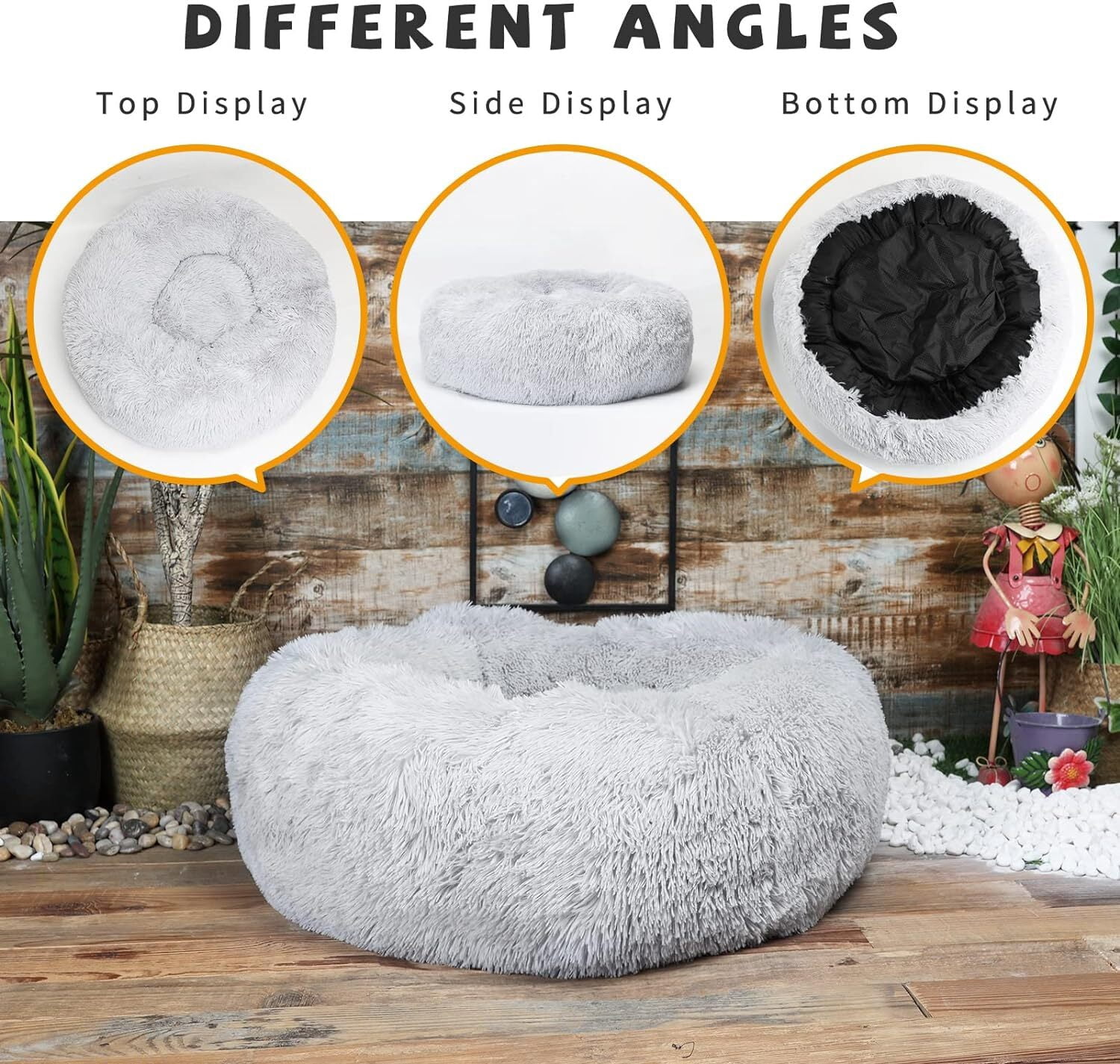 RUseeN Calming Donut Dog Bed, 27.6 inches Round Fluffy Dog Beds for Medium Dogs, Anti-Anxiety Plush Dog Bed, Machine Washable Pet Bed (Light Grey, Medium)