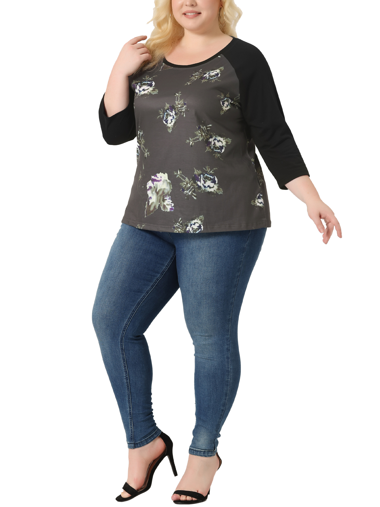 DARING DIVA Women's Plus Size Raglan Crewneck 3/4 Sleeve Floral Tunic Tee 4X Coffe