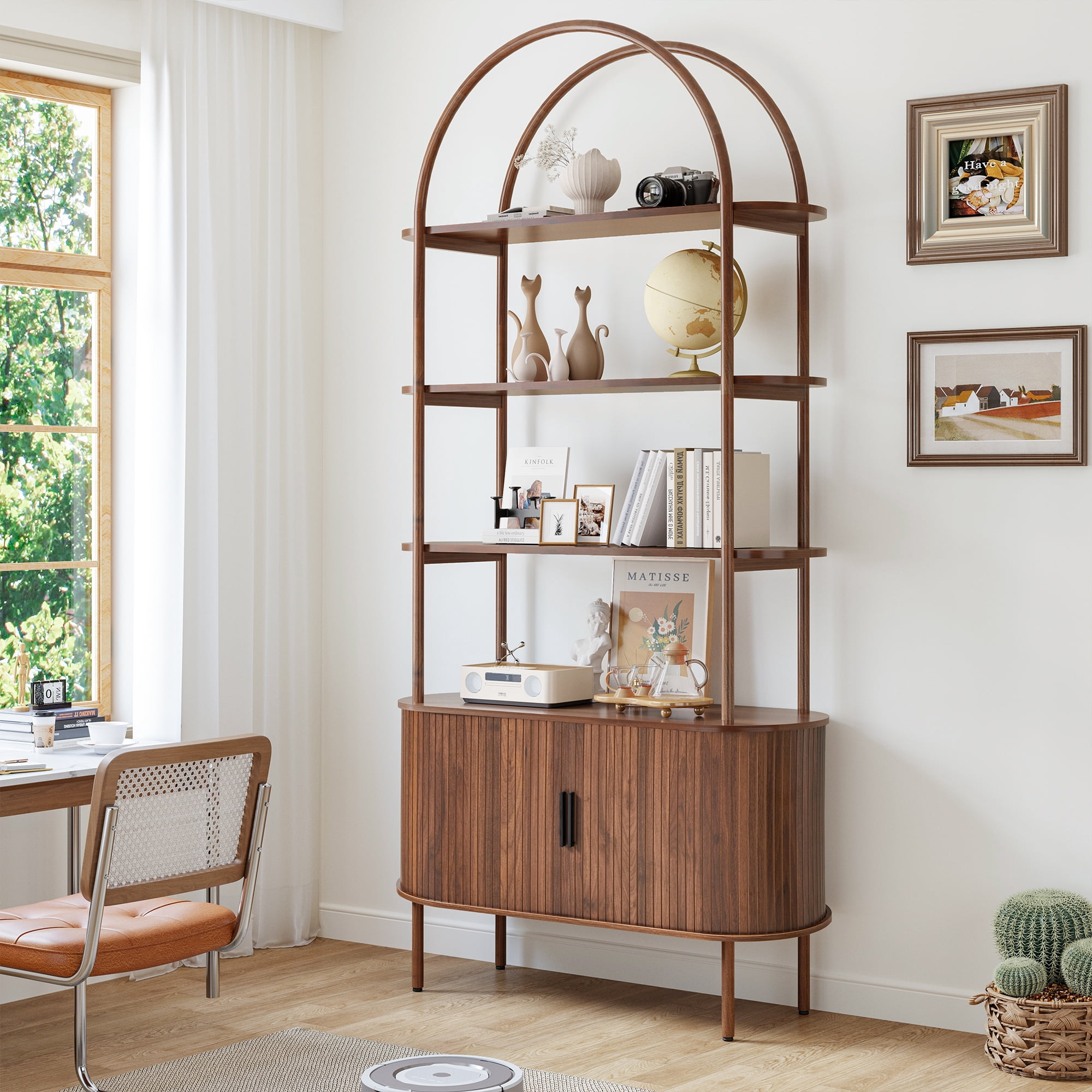 LEFHDA 79" Industrial Modern Arched Bookshelf with 4-Tier Open Shelf & Sliding Tambour Cabinet Storage, Mid-Century Curved Freestanding Bookcase for Living Room (Walnut, 79 inch Set of 2)
