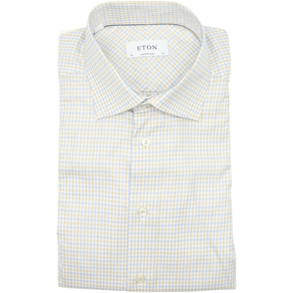 Eton Men's Blue / White Tan Contemporary Fit Checked Dress Shirt Casual Button-Down - 42-16.5 (L)