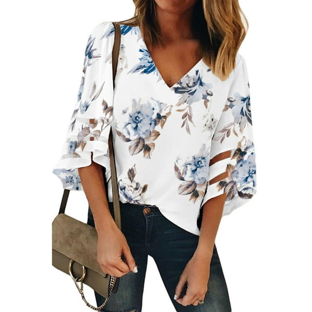 Chemisier à Manches 3/4 Évasées à Fleurs pour Femme Blanc/abricot/rouge/bleu