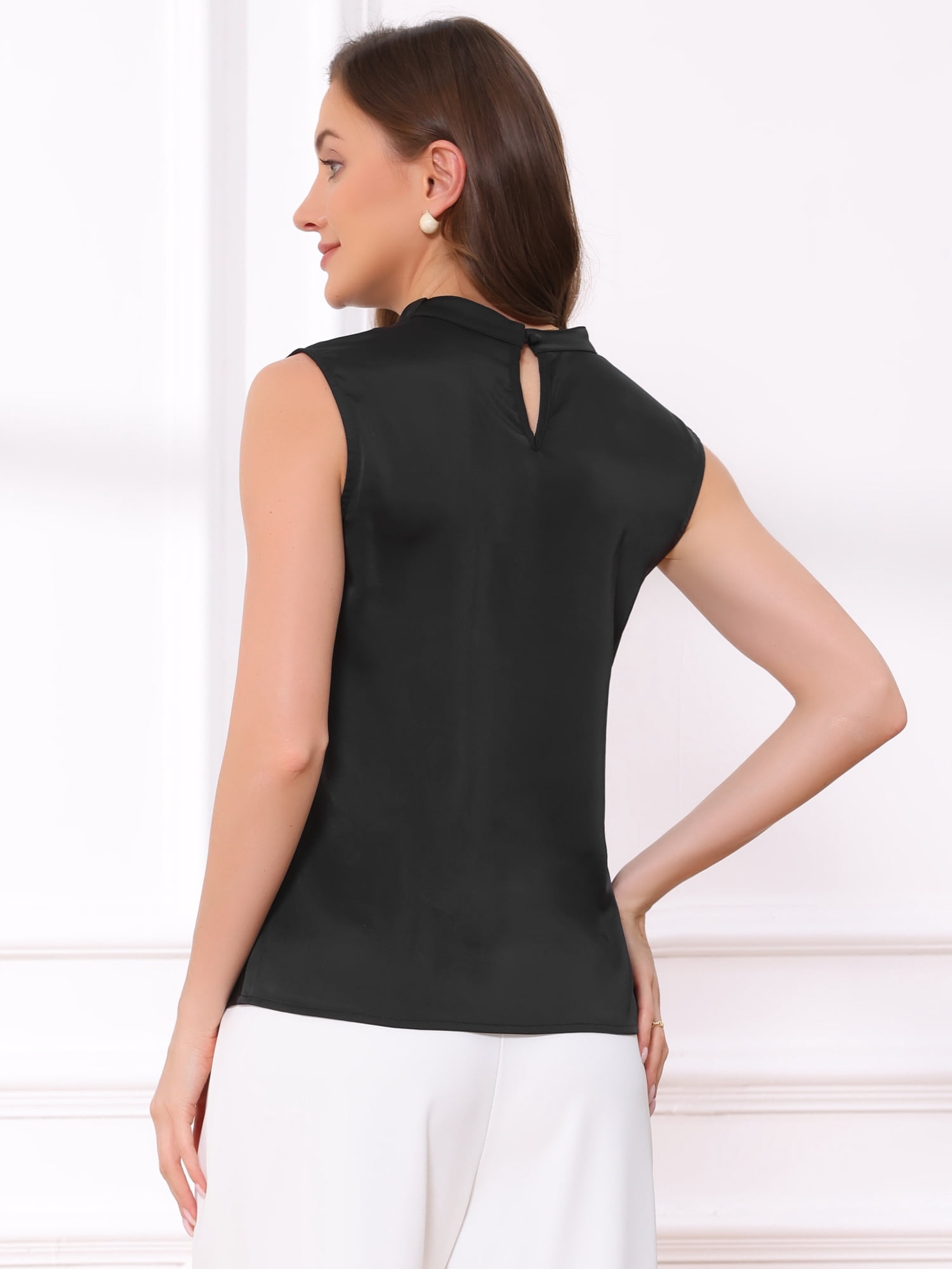 DARING DIVA Women's Sleeveless Satin Tank Mock Cowl Neck Ruched Blouse L Black