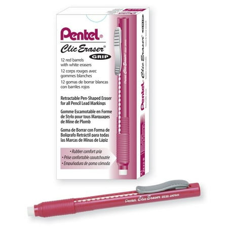 Pentel Clic Eraser Grip, Retractable Eraser, Red Barrel, Box of 12