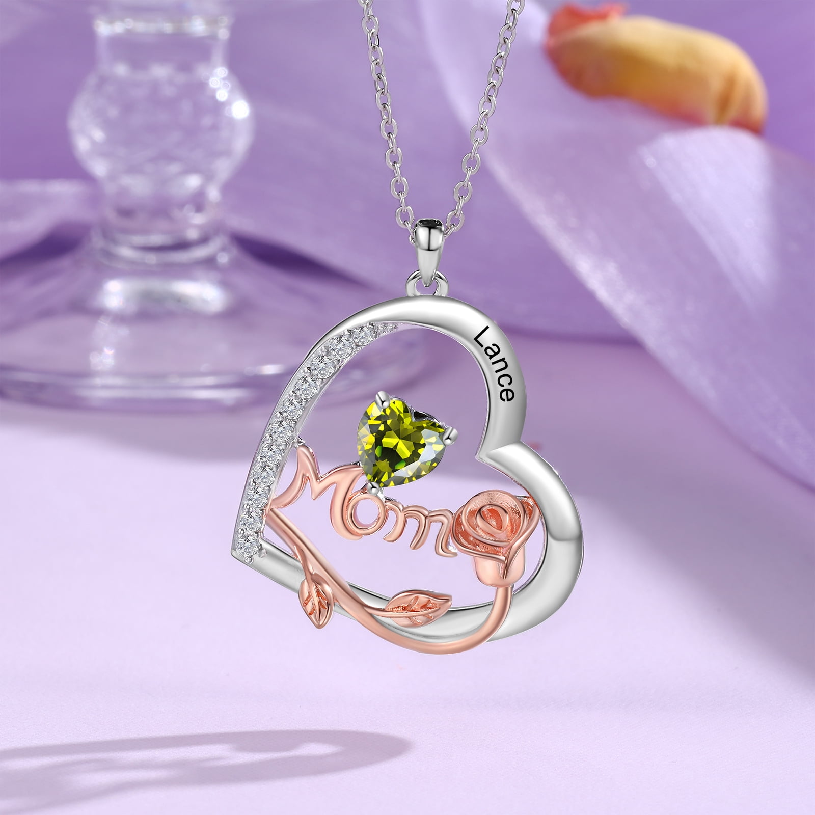 Mementos Customized Brass Heart Family Women's (Mother's) Necklace with Birthstone and Name