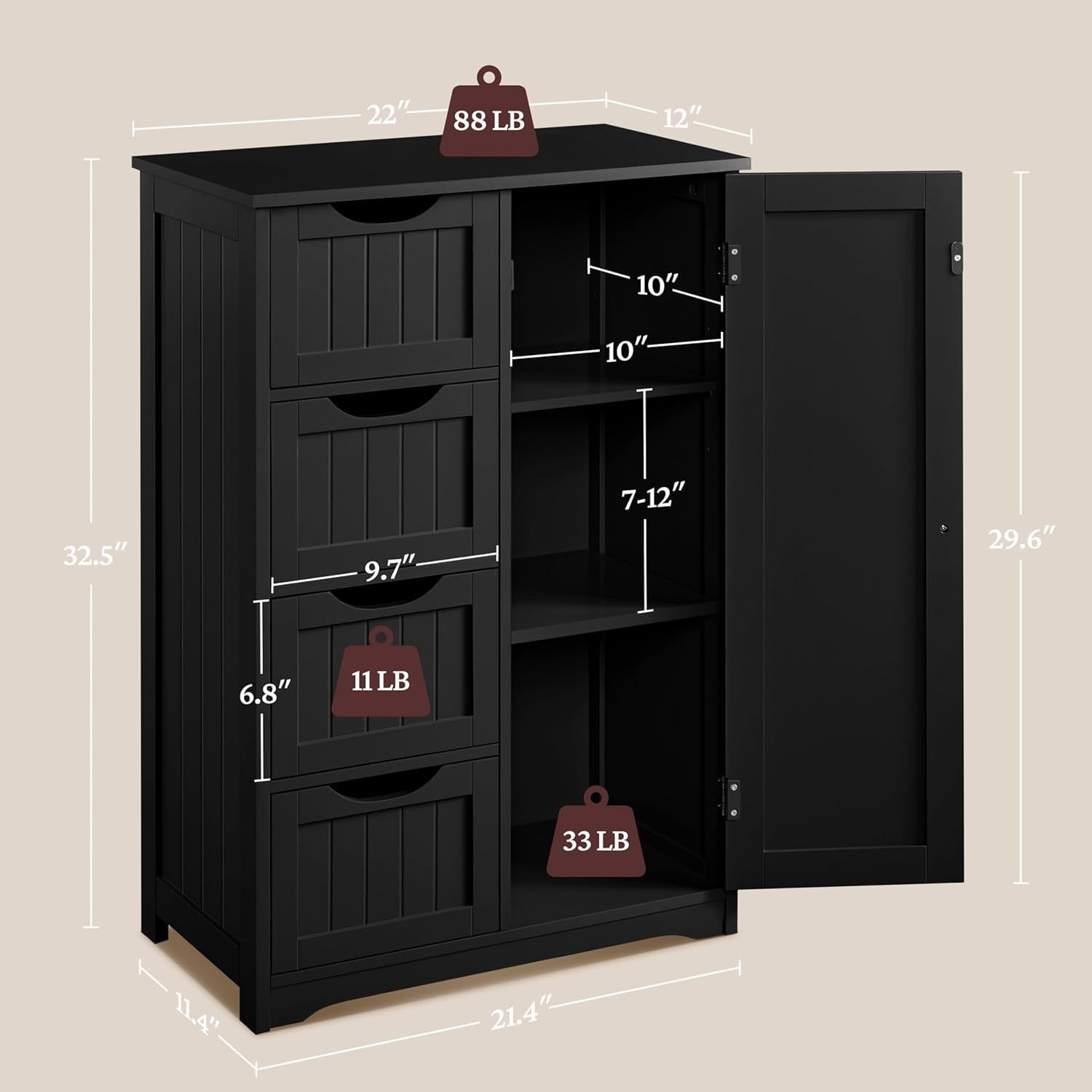 Wooden Bathroom Floor/Side Storage Organizer Cabinet with 4 Drawers and 1 Cupboard, Freestanding Entryway Storage Unit Console Table for Home Decor