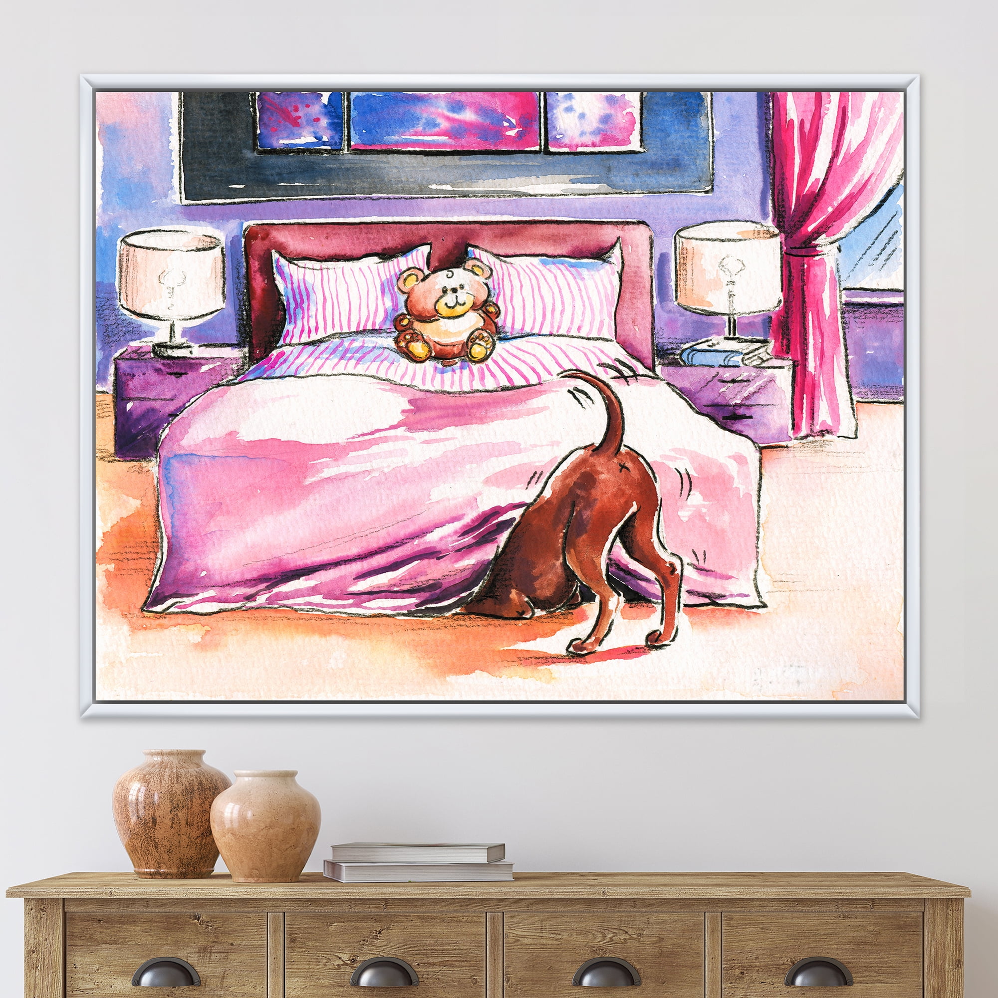 Designart 'Brown Dog Looking Under the Bed and Teddy Bear' Farmhouse Framed Canvas Wall Art Print