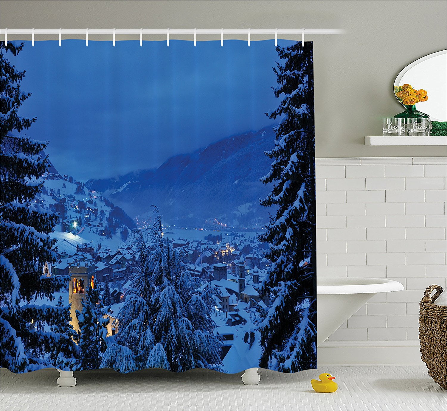 Winter Snowing Forest Pine Lake Nature Shower Curtain Hooks Waterproof Bath Mat 