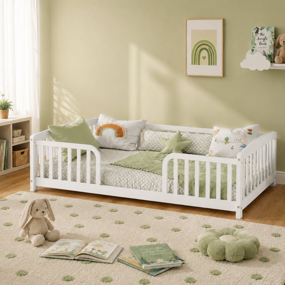 Miniyam Twin Kids Floor Bed with Guardrails, Pine Wood Montessori Bed Frame with Rounded Opening, White