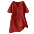 thumbnail image 1 of Olyvenn Linen Shirts for Women 2025 Spring Summer Button Down V Neck Short Sleeve Solid Color Tops Beach Fashion Clothes Red XL, 1 of 6