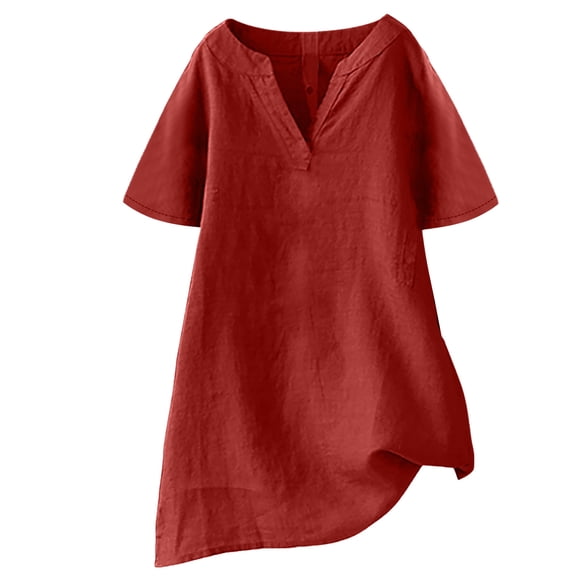 Olyvenn Linen Shirts for Women 2025 Spring Summer Button Down V Neck Short Sleeve Solid Color Tops Beach Fashion Clothes Red S