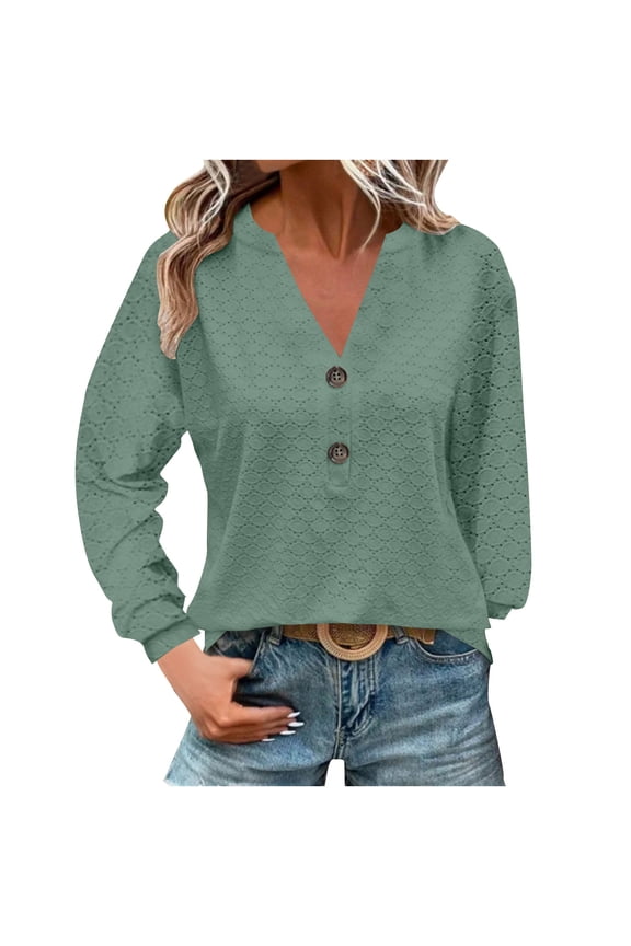 Womens 1/4 Button Quilted Shirt Solid Color V Neck Long Sleeve Breathable Blouse Casual Trendy Tops