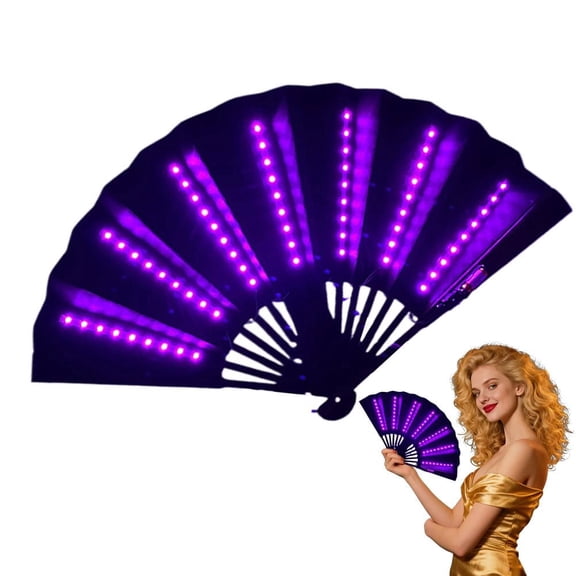 Large LED Light-Up Folding Fan with Battery, Pink Glowing Handheld Fan for Raves, Festivals, and Dance Performances