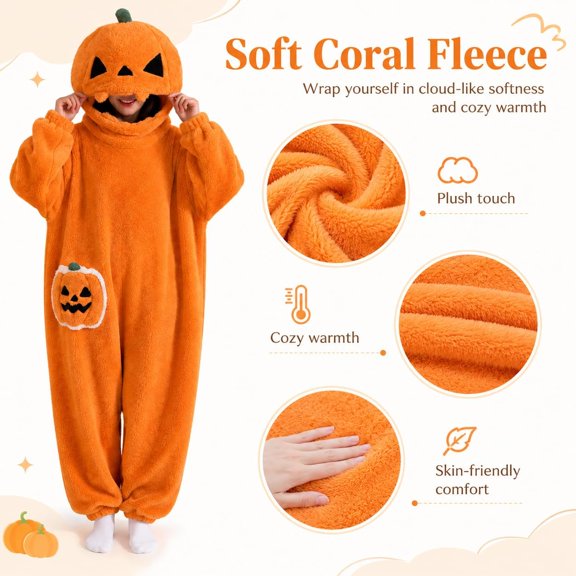 Unisex Adult Pumpkin Onesie Pajamas, Plush Jack-O-Lantern One-Piece Hooded Jumpsuit, Halloween Cosplay Big Mouth Monster Sleepwear