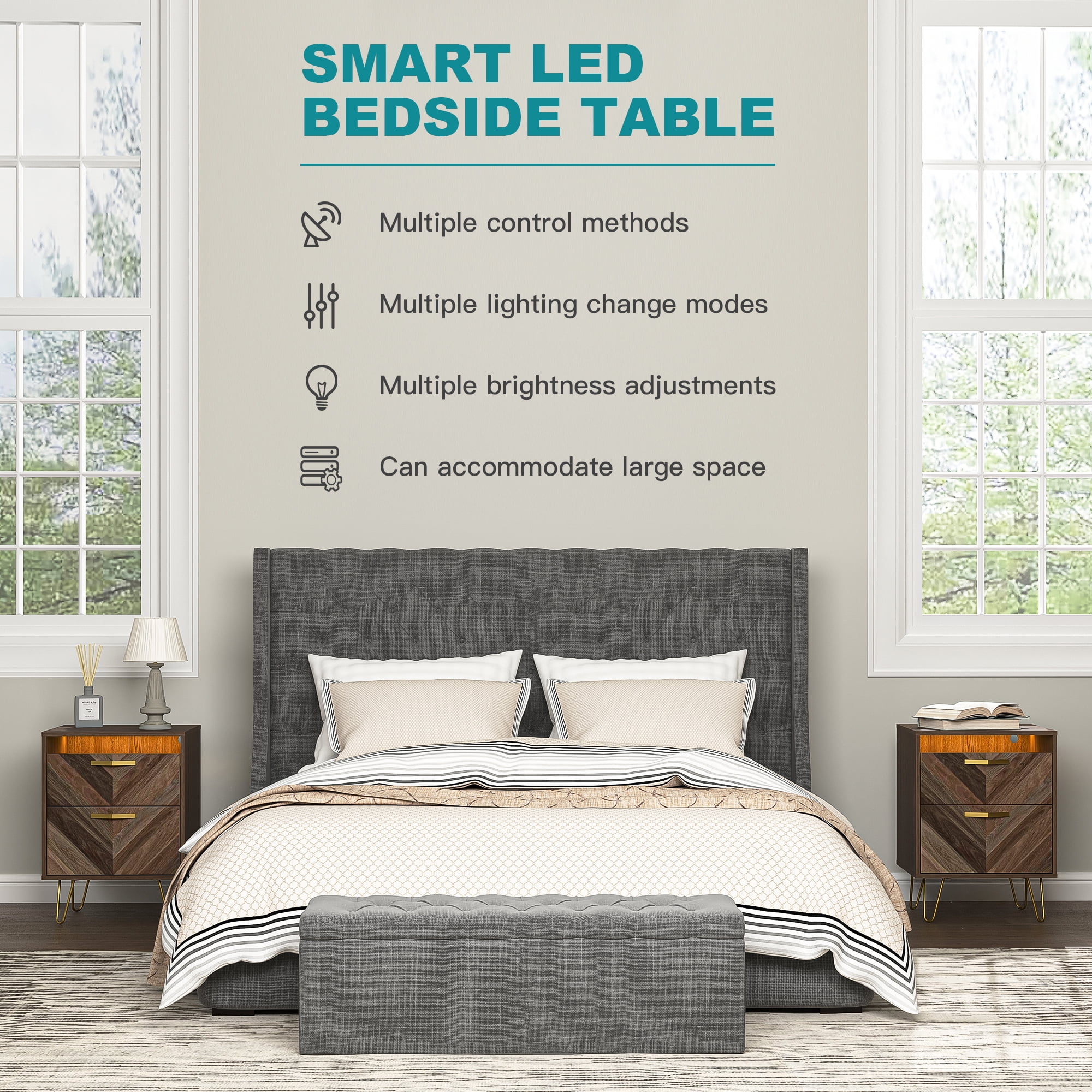 Finihen Nightstand Set of 2, End Table with 2 Drawers, Dual Night Stand with Metal Legs and LED Lights for Bedroom Living Room, Brown Finihen Nightstand Set of 2, End Table with 2 Drawers, Dual Night Stand with Metal Legs and LED Lights for Bedroom Living Room, Brown