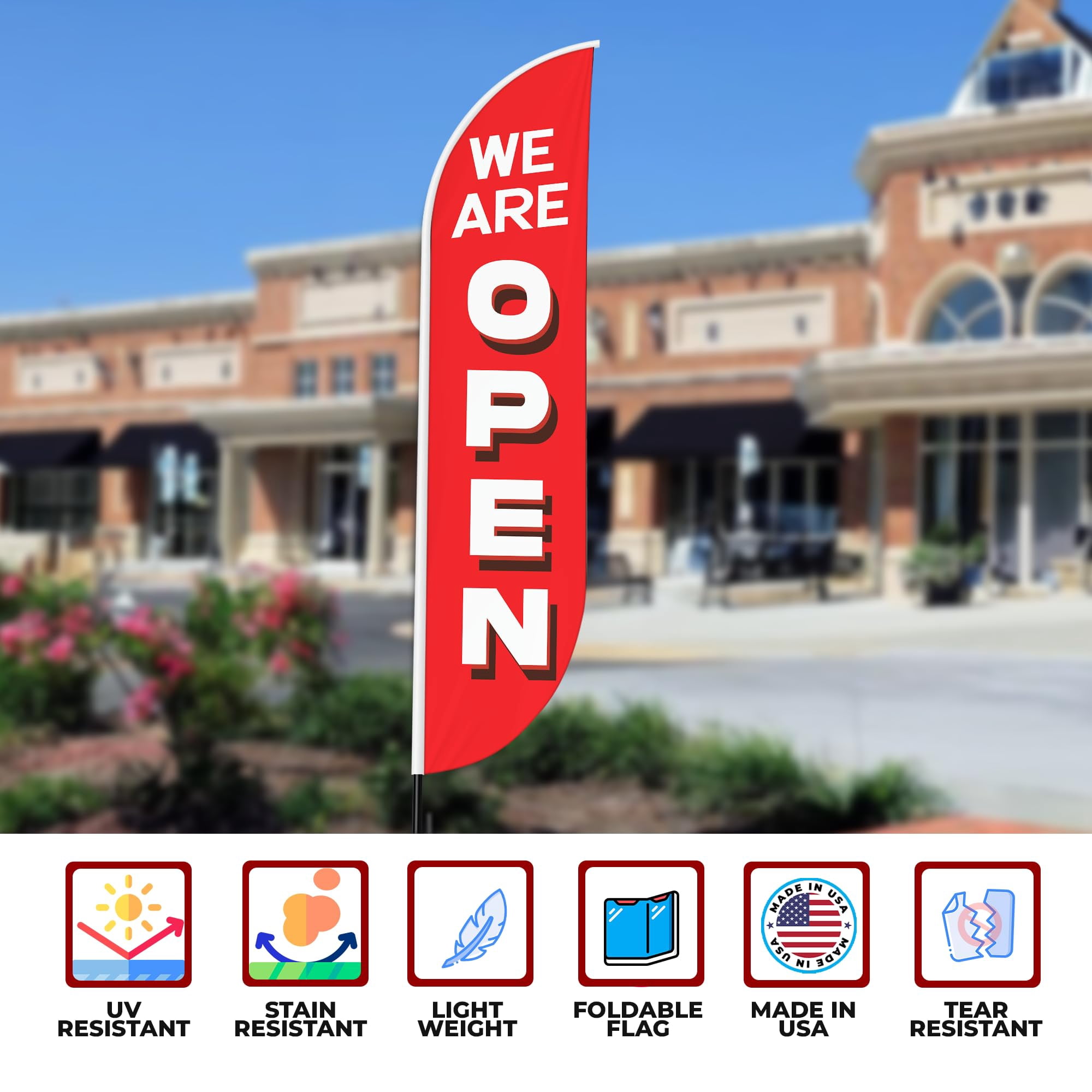 We Are Open Sign Feather flag Pole Mount for Outdoor by Mavis Print | 15 FEET Long Polyester Outdoor Banner Flag Pole Kit for Easy Hang | HD Print Swooper Flag Pole Stand for Business Advertisin