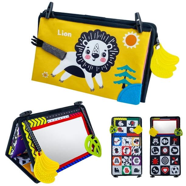 Tummy Time Floor Mirror Toys for Babies with Soft Crinkle Activity Book and Teethers, High