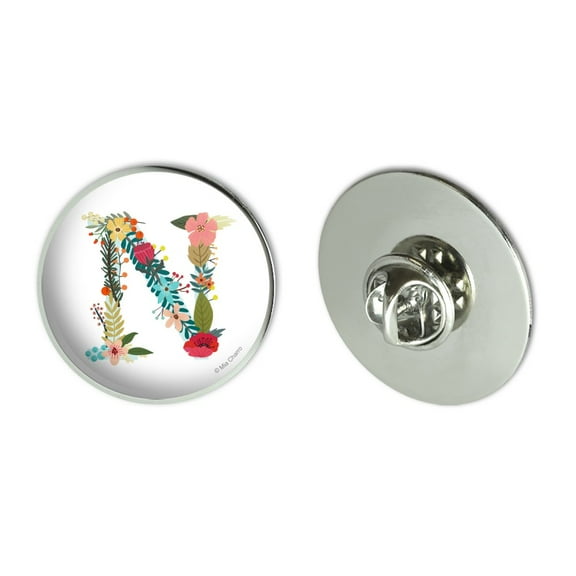 Letter N Floral Monogram Initial Metal 1.1" Tie Tack Hat Lapel Pin Pinback