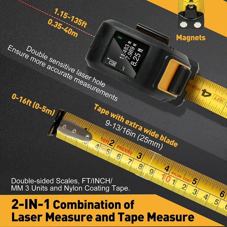  PREXISO 2-in-1 Laser Tape Measure, 135Ft Rechargeable  Measurement Tool & 16Ft Measuring Movable Magnetic Hook - Pythagorean,  Area, Volume, Ft/Ft+in/in/M Unit NOT Digital : Tools & Home Improvement