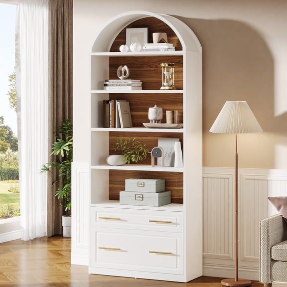 Tribesigns 77" Tall Arched Bookcase, 5-Tier Freestanding Wooden Bookshelf with File Cabinet Drawer, White