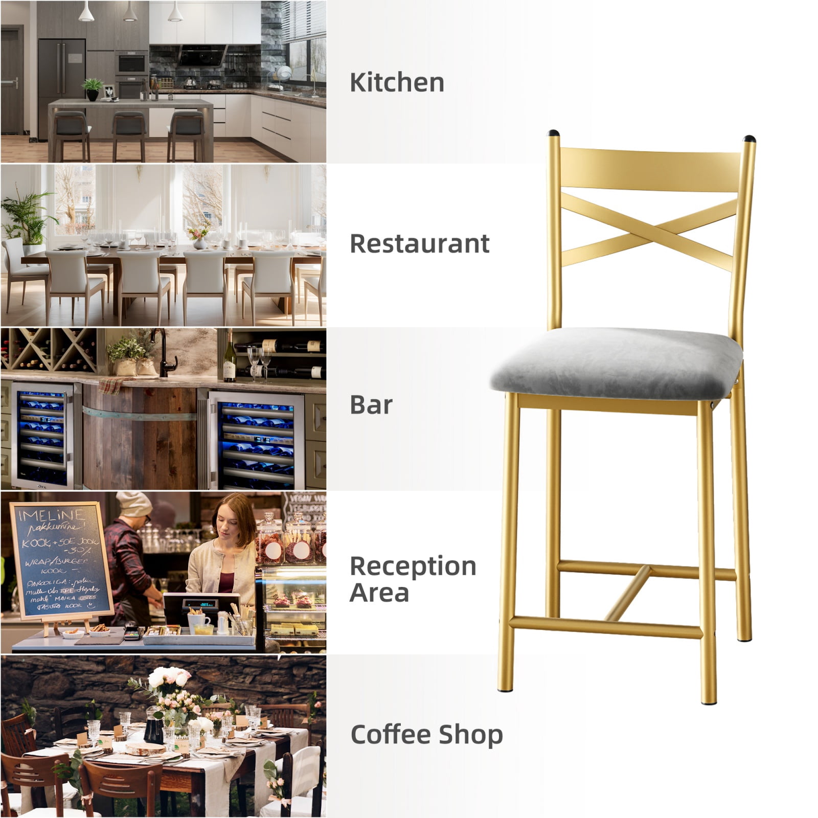 JoanKaren Bar Stools Set of 2, Faux Leather Upholstered Bar Chair Wooden with Back & Footrest & Thick Cushion, Counter Height Bar Stools for Kitchen Island Apartment, Gold