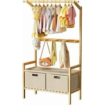 Kids Clothing Rack, Bamboo Kids Dress up Rack with 1 Hanging Rod, 5 Hanging Hooks & 2 Fabric Drawers, Toddler Dress up Storage for Bedroom, Playroom, Nursery, Laundry, Burlywood