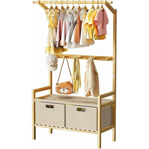 Kids Clothing Rack, Bamboo Kids Dress up Rack with 1 Hanging Rod, 5 Hanging Hooks & 2 Fabric Drawers, Toddler Dress up Storage for Bedroom, Playroom, Nursery, Laundry, Burlywood