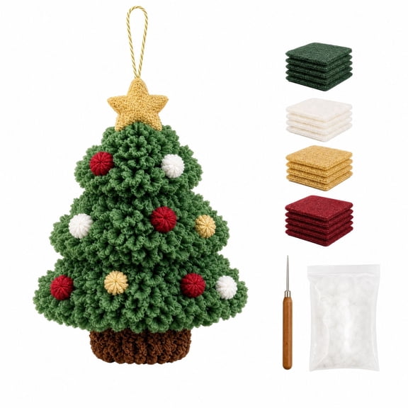 Diy Christmas Tree Kit with Punch Needle Tool and Felt Squares, Christmas Tree Ornament Decoration Set, Green Red Gold White, for Holiday Home Decor