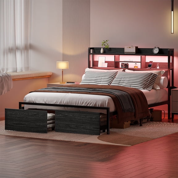 Satifur Full Size LED Platform Bed Frame, Space-Saving Storage Headboard & Under-Bed Drawers,outlets, USB and Type-C Ports, RGB Lights for Small Spaces, Dorms, Guest Rooms