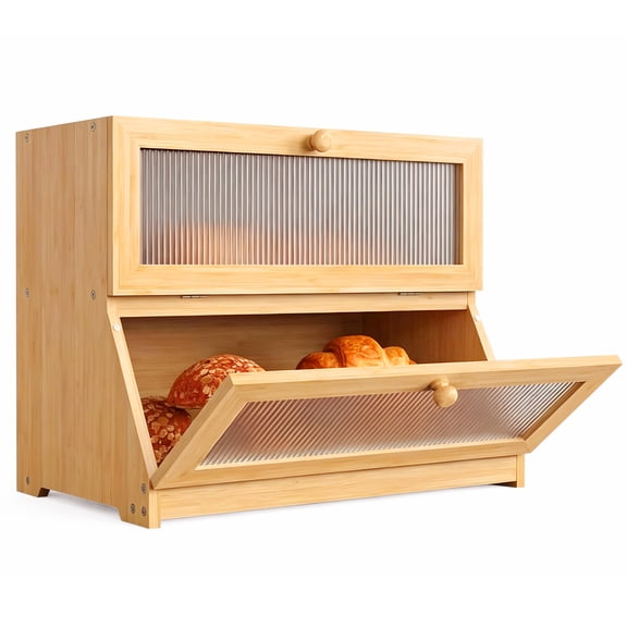Bread Box for Kitchen Countertop Wooden Bread Storage Container Bin 2 Layer Breadbox Holder Large Capacity Keeper Vintage Farmhouse Food Organizer Pantry