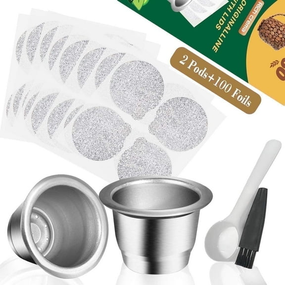 CAPMESSO Reusable Nespresso Compatible Pod Stainless Steel Espresso Capsules 2 Pods 100 Foil Lids