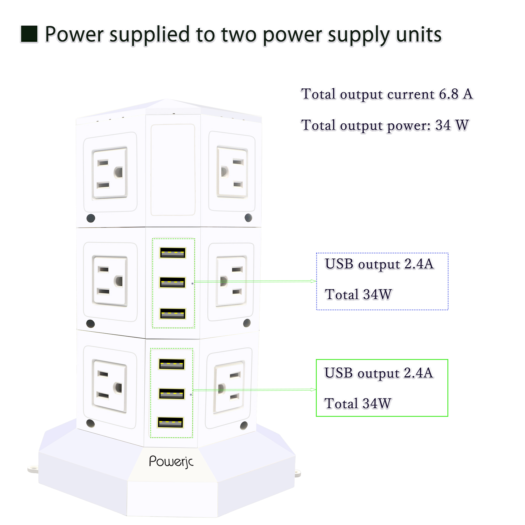 Powerjc Tower Power Strip Surge Protector 12 AC Outlets with 6 Ports USB Chargers 118 Inch Long Extension Cord Indoor White