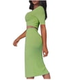 thumbnail image 5 of KIHOUT Women 2 Piece Summer Ribbed Outfit Square Neck Short Sleeve Cropped Top High Waist Slit Midi Bodycon Skirt Casual Matching Set For Club Party Dating, 5 of 8