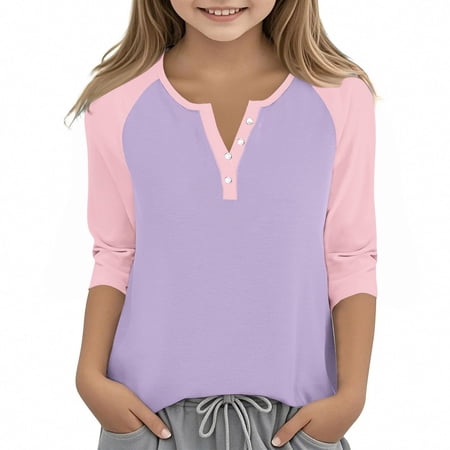 XADYUY Girls TShirts 7-8 Years Old Colorblock 3/4 Sleeve TShirts Toddler Button Down TShirt Dressy Henley V Neck Cotton Tee Tops Girls Pink 7-8Years