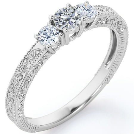 JeenMata Trilogy Cathedral Prong - 1 Carat Round Brilliant Cut Moissanite - Carved Filigree Milgrain Engagement Ring - 18K White Gold Plating over Silver