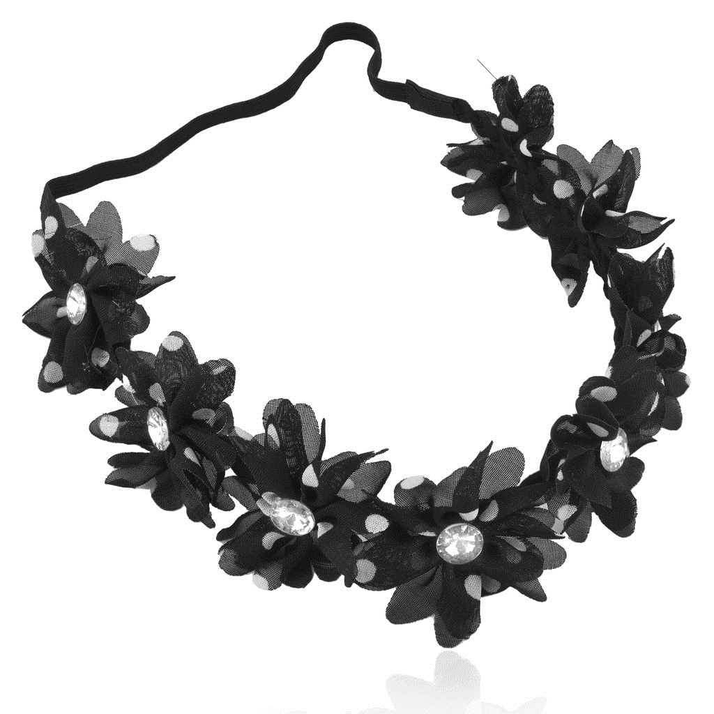 Lux Accessories Black White Polka Dot Crystal Floral Flower Stretch