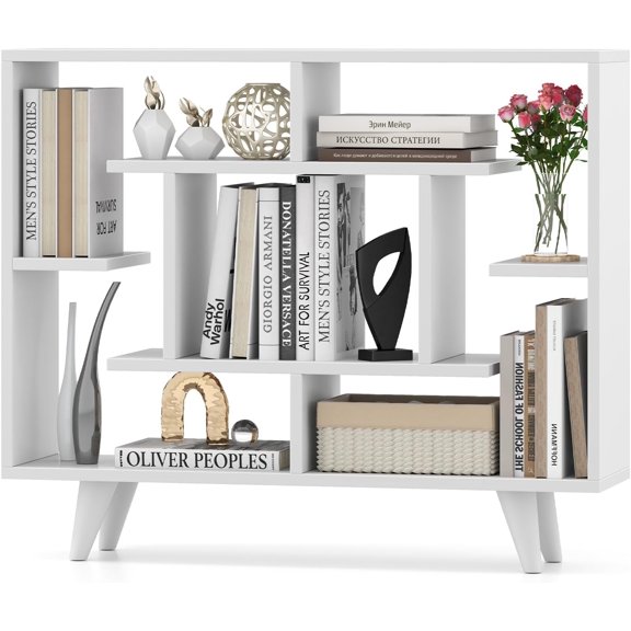 ZALIX  3 Tier Geometric Bookshelf, Modern Freestanding Bookcase w/Staggered Shelves, Decorative Open Storage Display Shelves with Legs, Mid Century Storage Organizer for Living Room, Study, White