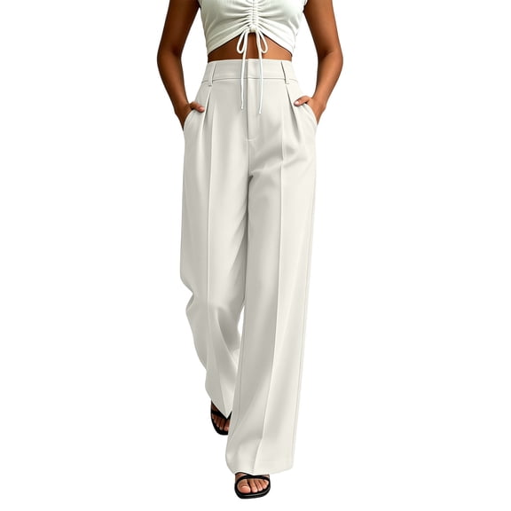Warop Women's Suit Pants, Solid Color with Pockets, Relaxed Loose Fit Straight Leg High Waist for Business Commute and Daily Wear