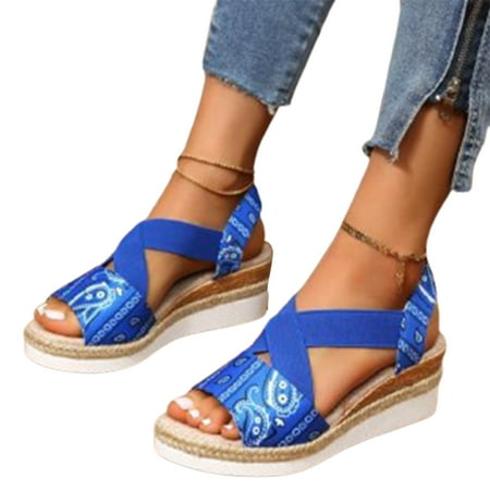 

Women s Chunky Platform Sandals Ethnic Style Open Toes Cross Strap Summer Shoes 35 Blue