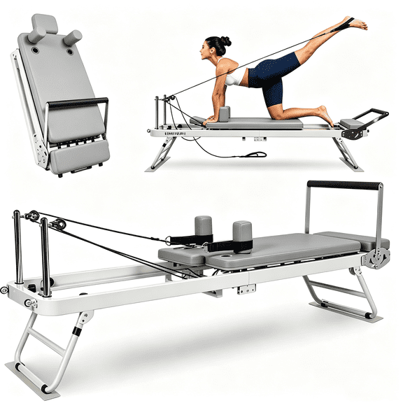Foldable Pilates Reformer Machine, Pilates Reformer Machine with Jump Board, 440Lbs Pilates Reformer with 5 Silent Resistance Springs for Home Gym Studio